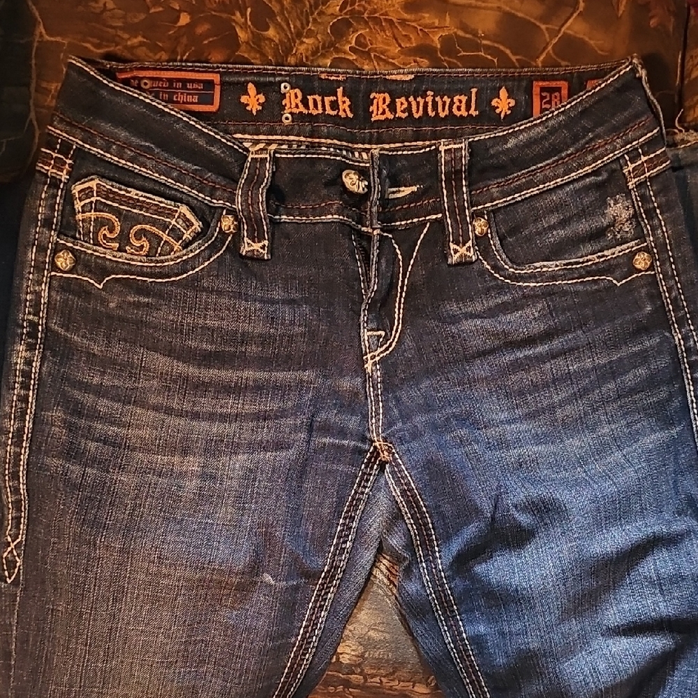 Rock Revival Women’s Bootcut Jeans in Dark Blue with Contrast Stitching